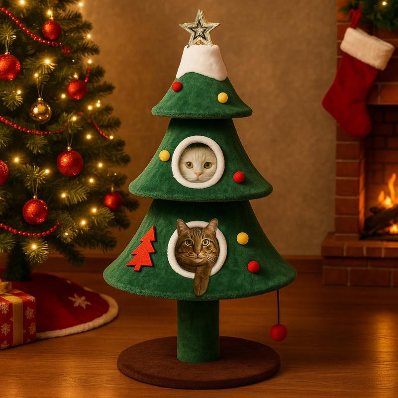 Comhoma 50 Inches Cat Tree for Indoor Kitty,Tower with 2 Condos, Christmas Tree Party Decoration, Activity Center Play House and Beds